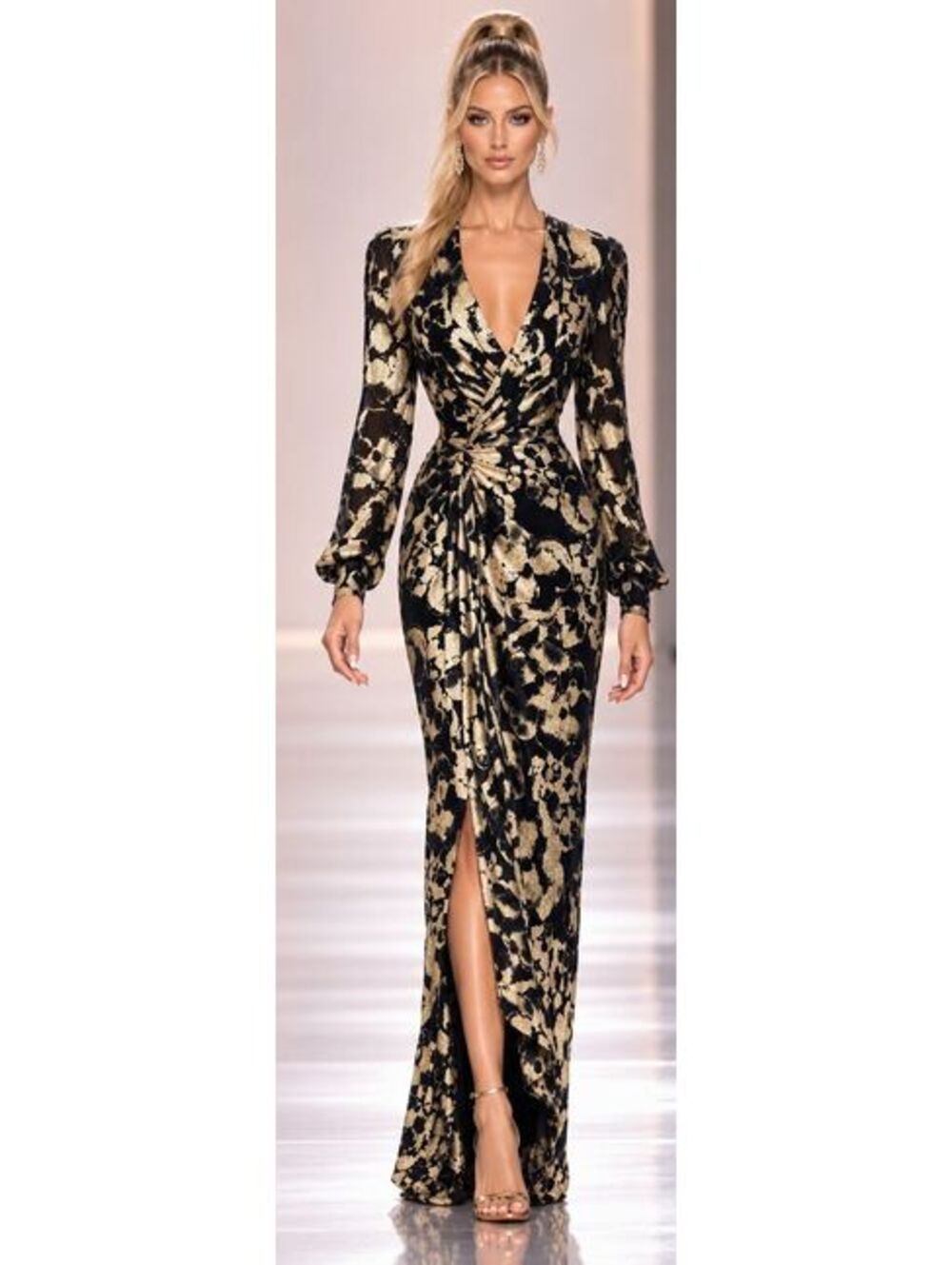 Betsy Adam Gold Navy sz 4 "Bailey" Crinkle Metallic V-Neck Long Sleeve Gown NWT